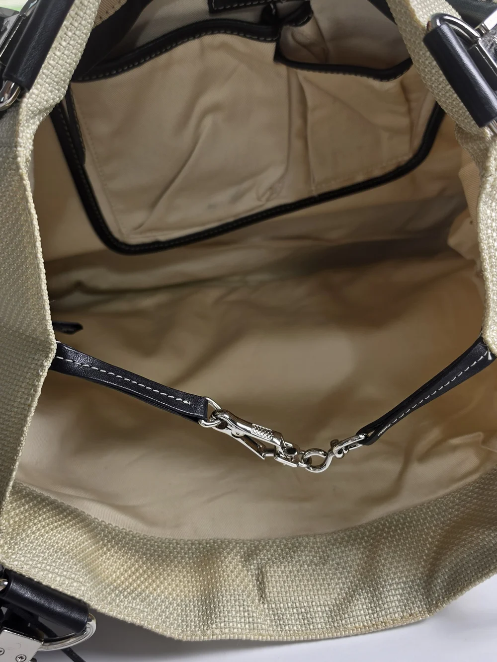 Antonio Melani Woven Canvas Tote Shoulder Bag Black Leather Trim Beige Large